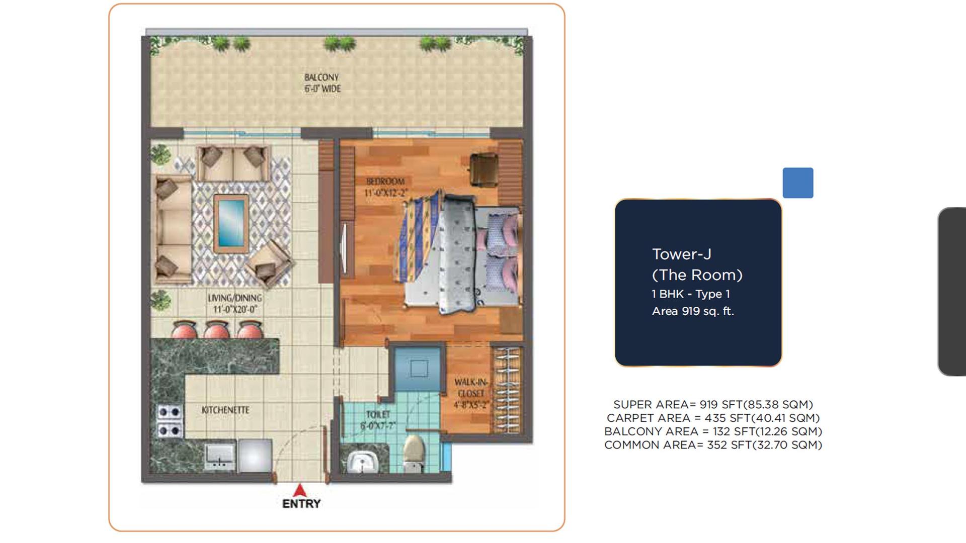 1 BHK - 919 Sq. Ft.