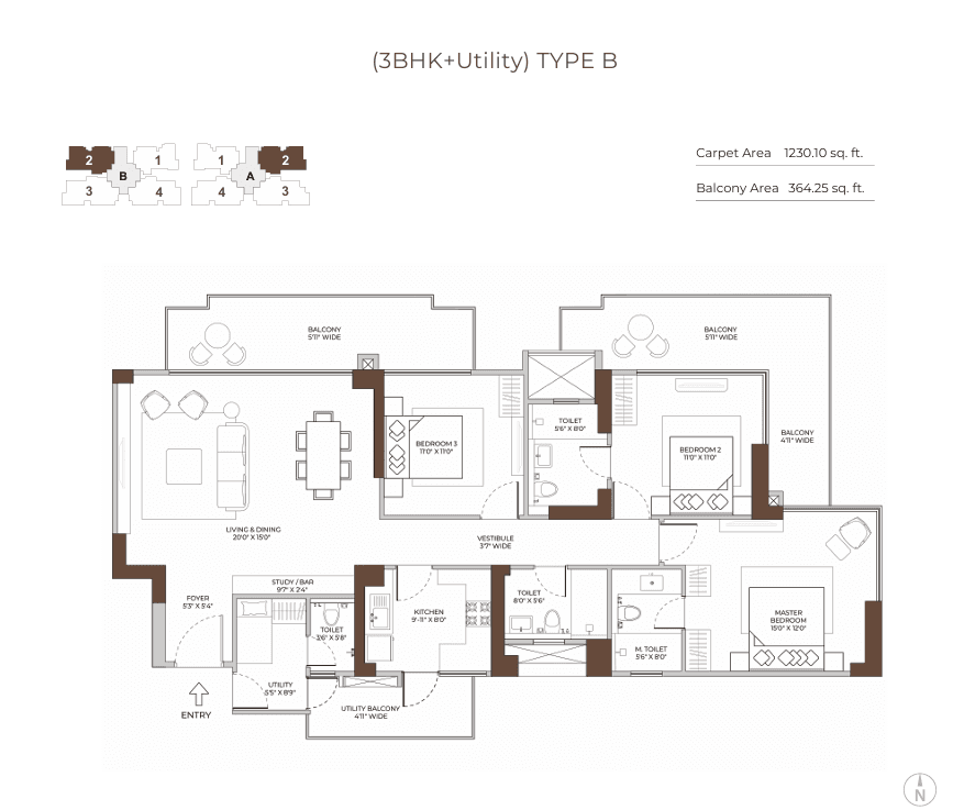 3 BHK - 2495 Sq. Ft.