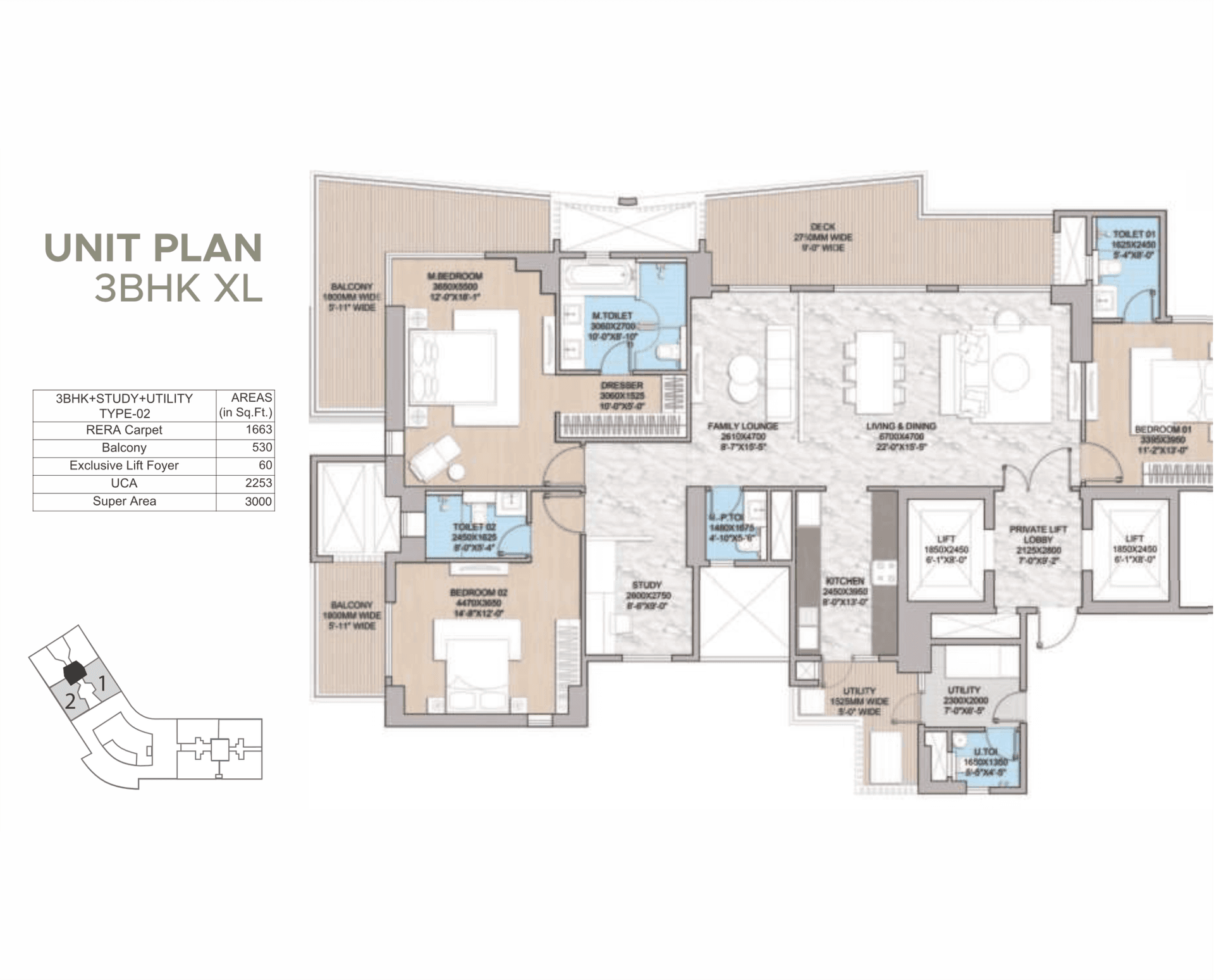 3 BHK - 3000 Sq. Ft.