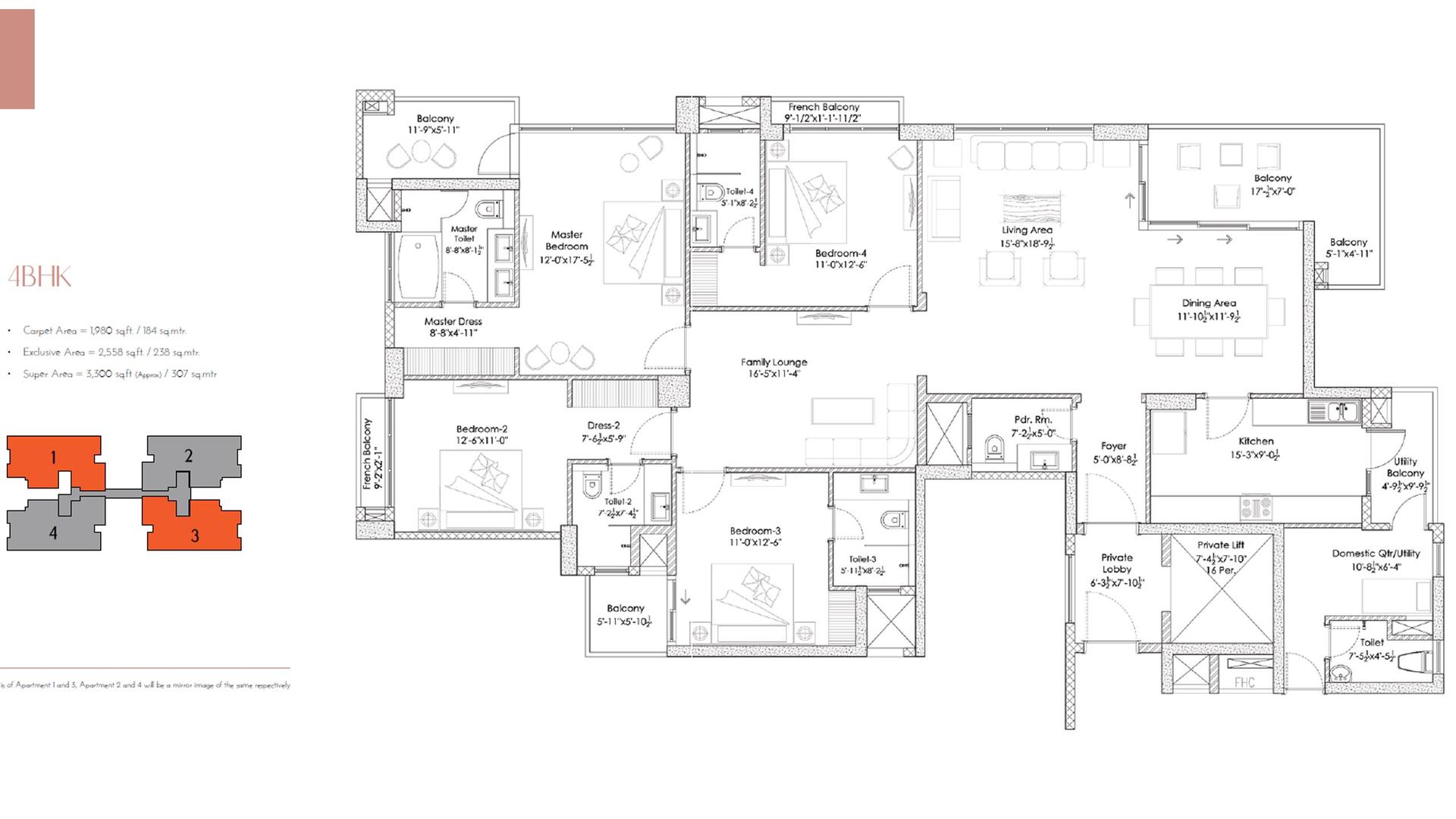 4 BHK - 3300 Sq. Ft.