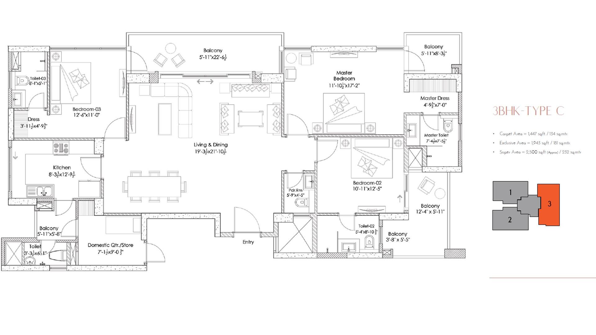 3 BHK - 2500 Sq. Ft.
