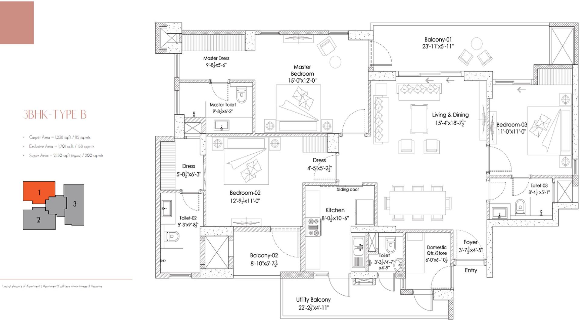 3 BHK - 2150 Sq. Ft.